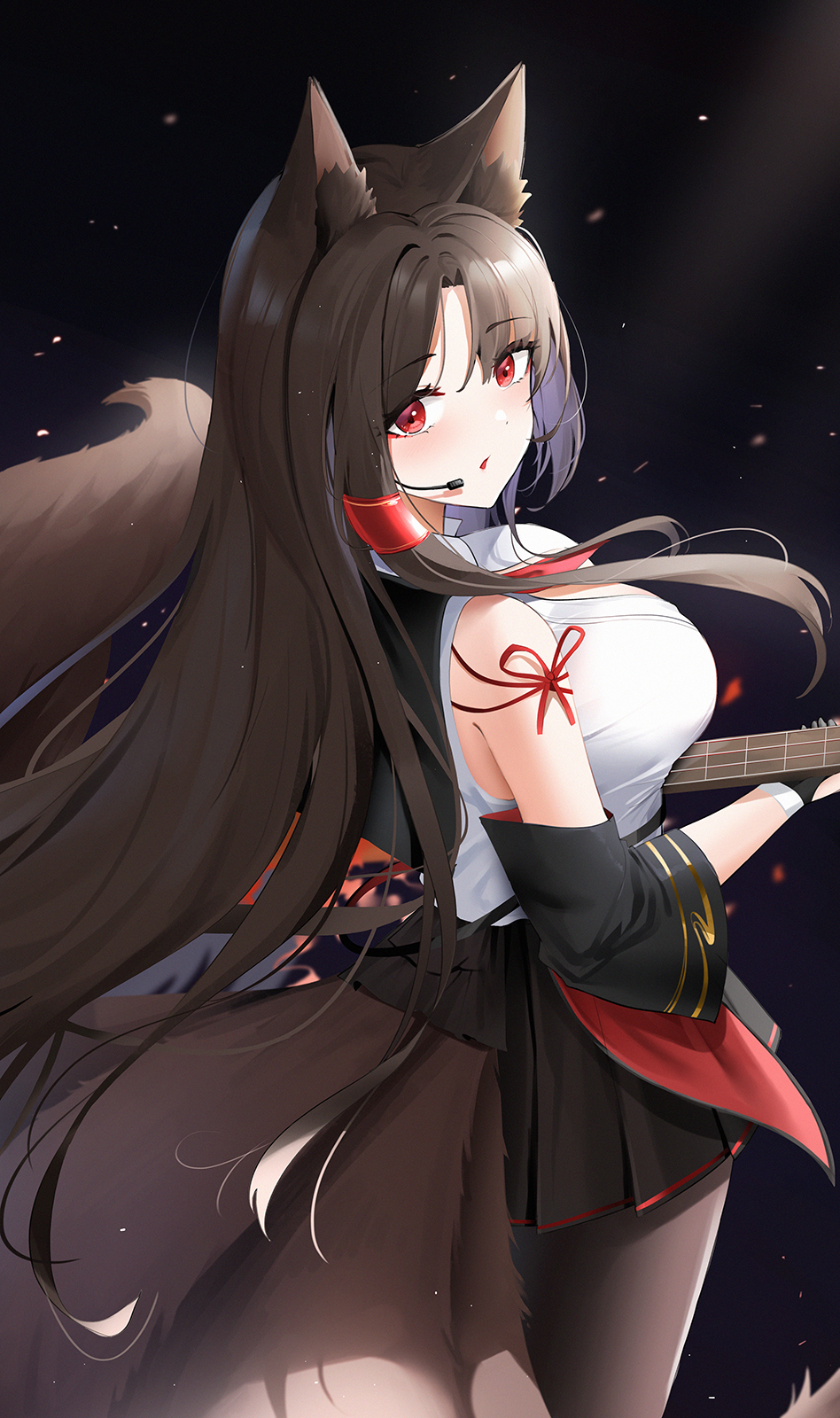 1girl, akagi_(azur_lane), akagi_(muse)_(azur_lane), animal_ears, azur_lane, brown_hair, brown_tail, detached_sleeves, electric_guitar, eyeliner, fingerless_gloves, fox_ears, fox_girl, fox_tail, from_behind, gloves, guitar, highres, holding, holding_instrument, instrument, kitsune, kyuubi, looking_at_viewer, looking_back, makeup, microphone, multiple_tails, pantyhose, pleated_skirt, polaris_(azur_lane), qing_wu, red_eyes, shirt, skirt, sleeveless, sleeveless_shirt, standing, tail, white_shirt
