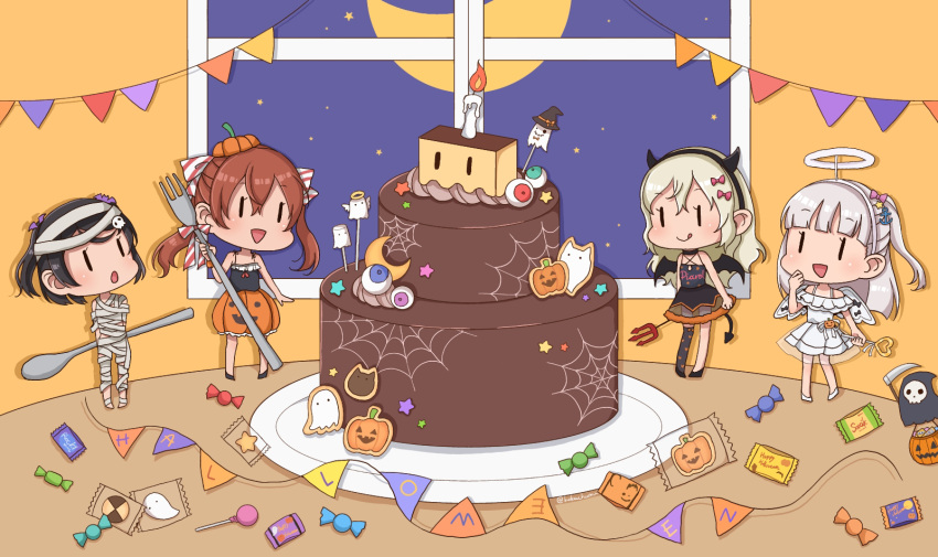 4girls, bandages, black_dress, black_hair, black_horns, black_wings, blonde_hair, blush, brown_hair, bubble_skirt, cake, candy, closed_mouth, demon_tail, demon_wings, dress, fake_halo, fake_horns, fake_wings, food, fork, grecale_(kancolle), grey_hair, hair_between_eyes, halloween, halloween_costume, highres, holding, holding_fork, holding_spoon, horns, kamoku_nagi, kantai_collection, libeccio_(kancolle), long_hair, maestrale_(kancolle), multiple_girls, mummy_costume, one_side_up, open_mouth, orange_skirt, pleated_skirt, scirocco_(kancolle), short_hair, skirt, smile, spoon, tail, twintails, twitter_username, white_dress, white_wings, wings
