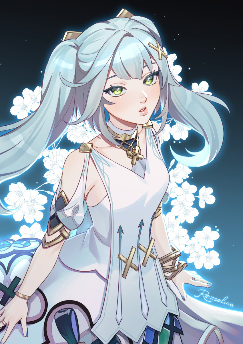 1girl, aqua_hair, bangs, bare_shoulders, blunt_bangs, bracelet, breasts, cowlick