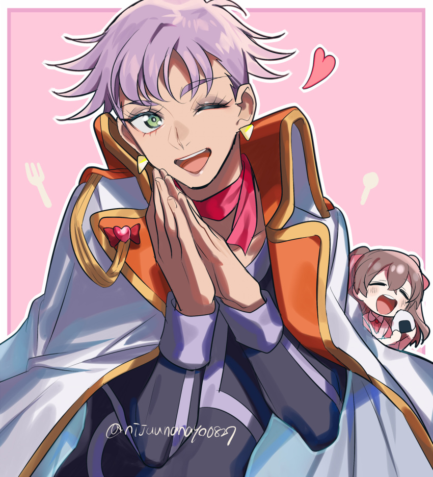 1boy, 1girl, ^_^, ^o^, artist_name, black_shirt, bow, cape