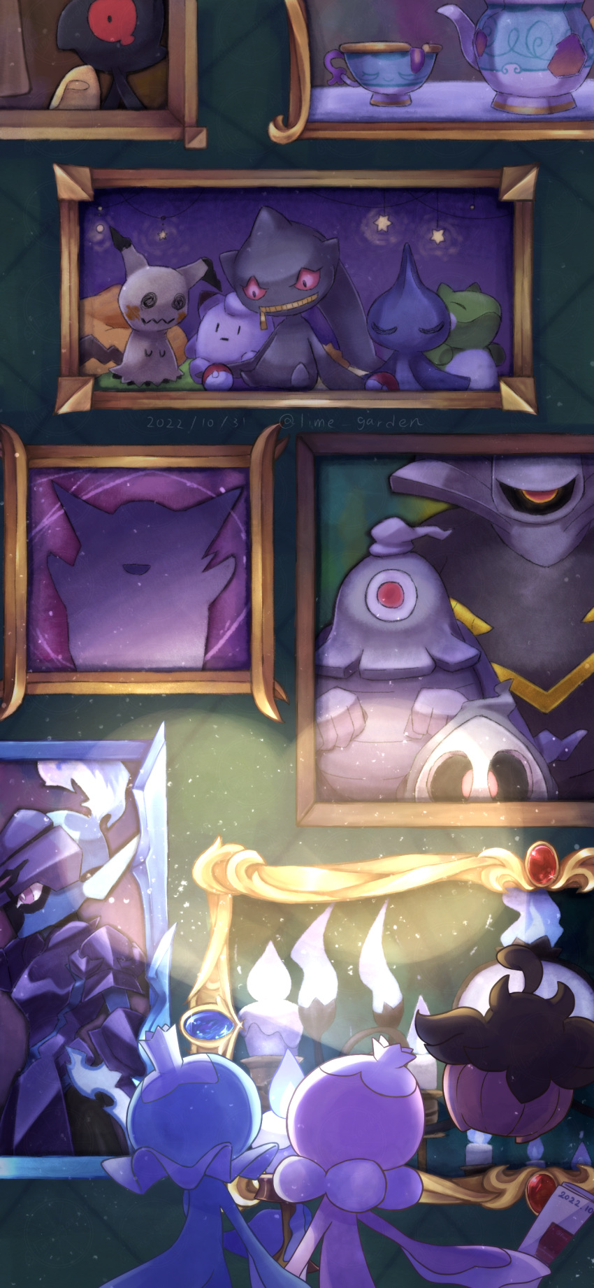 absurdres, banette, blue_gemstone, candle, ceruledge, chandelure, clefairy, commentary_request