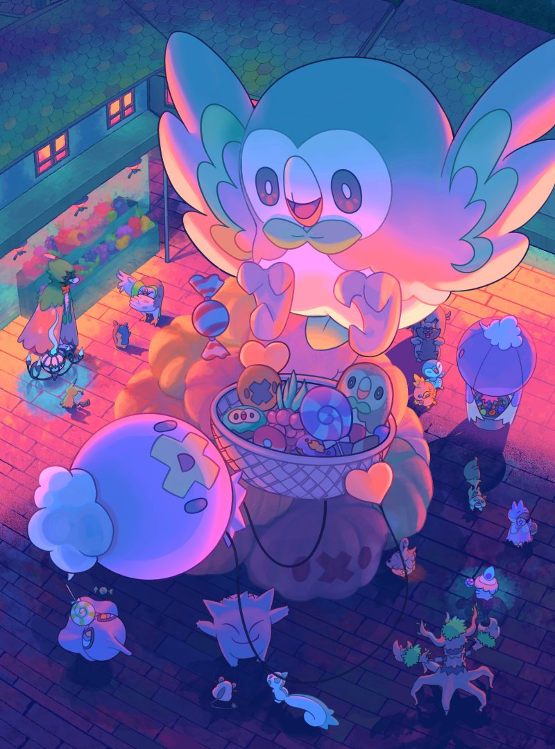 basket, bird, candy, candy_wrapper, chandelure, commentary_request, dartrix, decidueye