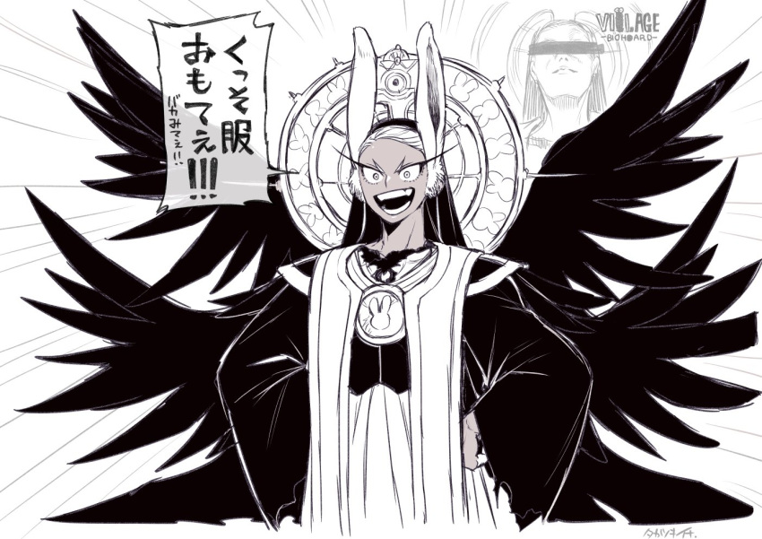 1girl, animal_ears, boku_no_hero_academia, cosplay, dark-skinned_female, dark_skin, hands_on_hips, long_sleeves, mirko, monochrome, mother_miranda, mother_miranda_(cosplay), open_mouth, priestess, rabbit_ears, rabbit_girl, resident_evil, resident_evil_village, smile, solo, takatsuki_ichi, teeth, translation_request