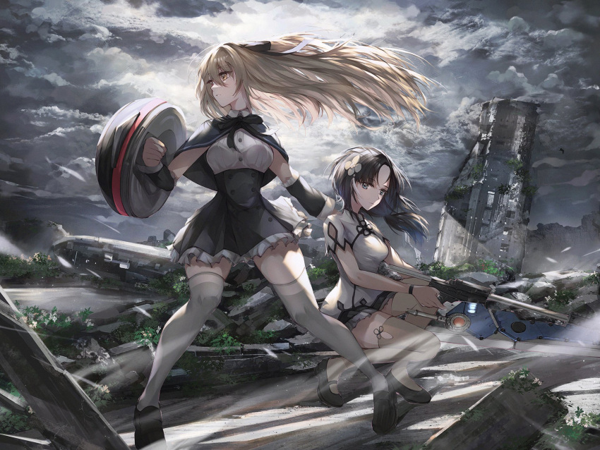 2girls, aqua_eyes, arm_cutout, assault_lily, bangs, black_capelet, black_footwear, black_hair