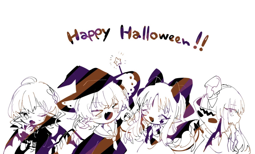 4girls, bat_wings, blush, bow, closed_eyes, crystal, elis_(touhou), fang