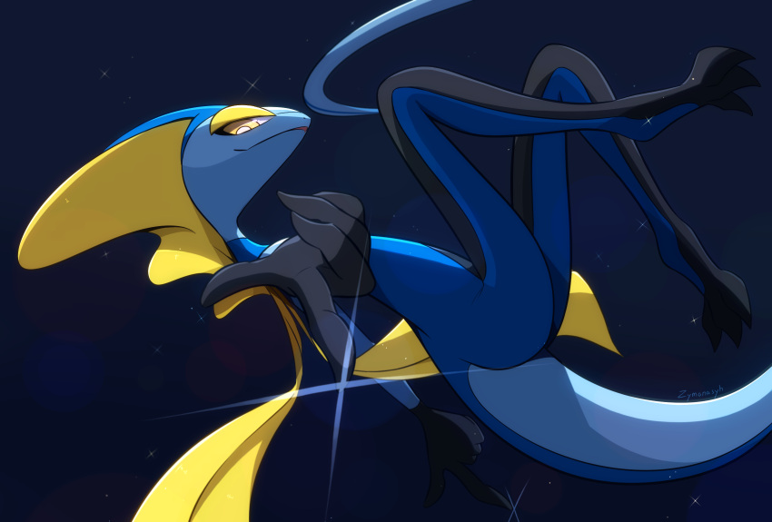 bright_pupils, commentary_request, from_side, highres, inteleon, looking_to_the_side, night, outdoors, parted_lips, pointing, pokemon, pokemon_(creature), smile, solo, sparkle, white_pupils, yellow_eyes, zymonasyh