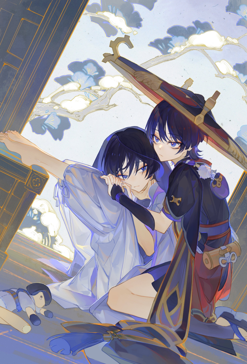 2boys, absurdres, arm_armor, back, baggy_pants, bangs, barefoot, black_footwear