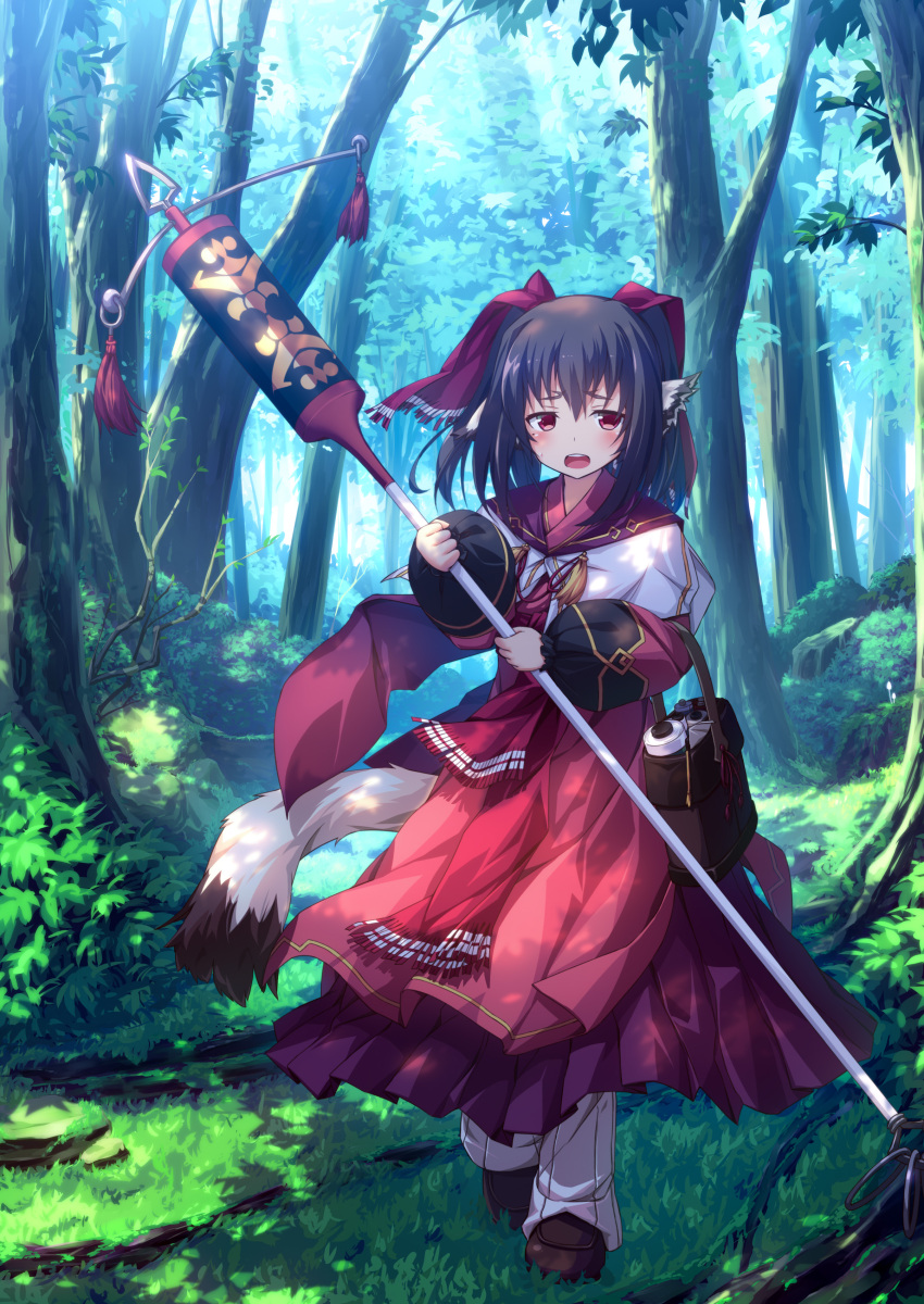 1girl, absurdres, animal_ears, bangs, black_footwear, black_hair, blush, commentary_request, day, dress, forest, hair_between_eyes, highres, holding, holding_polearm, holding_weapon, long_hair, long_sleeves, loose_socks, nature, nekone_(utawarerumono), open_mouth, outdoors, polearm, puffy_long_sleeves, puffy_sleeves, red_dress, red_eyes, ribbed_legwear, shirt, shoes, sleeves_past_wrists, socks, solo, sweat, tail, teeth, tree, ugume, upper_teeth, utawarerumono, utawarerumono:_itsuwari_no_kamen, walking, weapon, white_shirt, white_socks