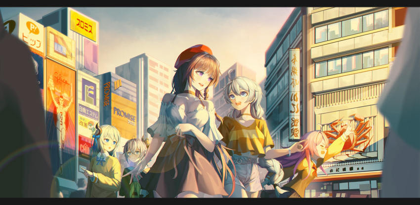5girls, :d, ahoge, bangs, beret, black_skirt, blue_bow, blue_bowtie