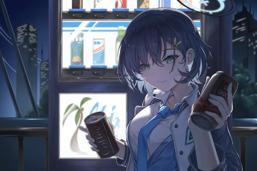 1girl, absurdres, arucoro, bangs, black_hair, blue_archive, blue_cardigan, blue_necktie, breasts, building, can, canned_coffee, cardigan, chihiro_(blue_archive), closed_mouth, collarbone, collared_shirt, commentary_request, green_eyes, hair_between_eyes, hair_ornament, halo, hands_up, highres, holding, holding_can, jacket, korean_commentary, large_breasts, long_sleeves, looking_at_viewer, multicolored_clothes, multicolored_jacket, necktie, night, no_eyewear, open_clothes, outdoors, partial_commentary, rabbit_hair_ornament, shirt, short_hair, sidelocks, skyscraper, smile, solo, standing, swept_bangs, two-tone_jacket, upper_body, vending_machine, white_shirt