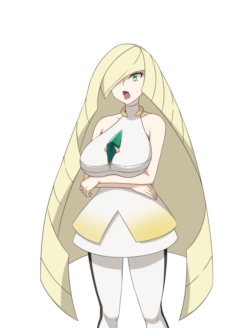 1girl, blonde_hair, diamond_(shape), dress, gem, green_eyes, green_gemstone, hair_over_one_eye