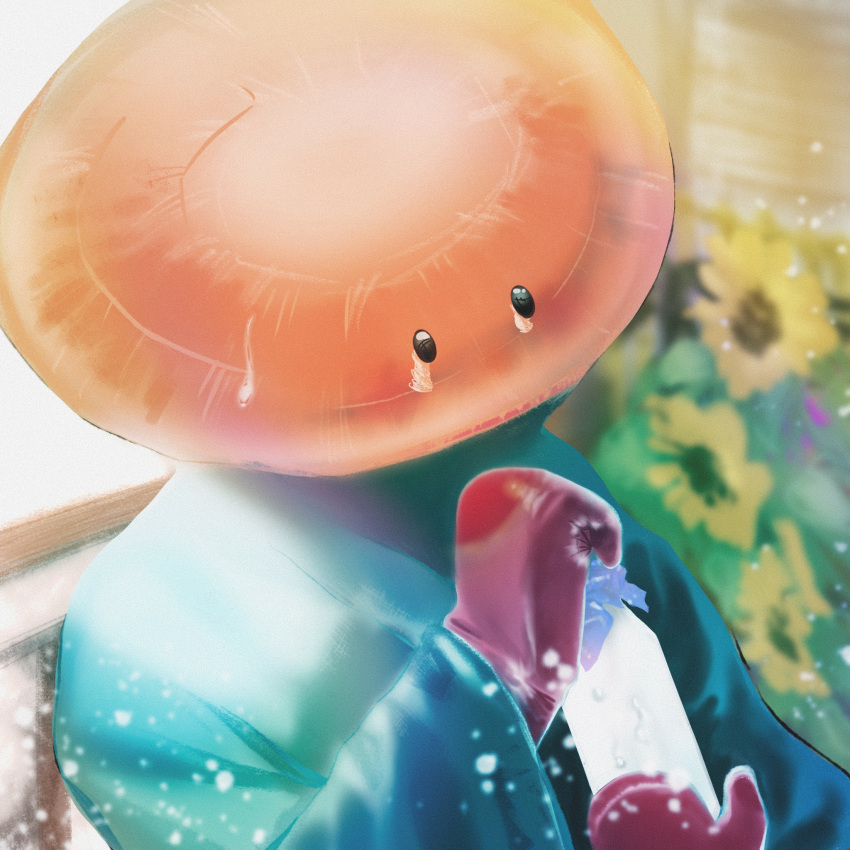 1boy, blue_robe, bottle, boxing_gloves, dandadan, flower, highres, keshikasu_(pixiv_6653195)