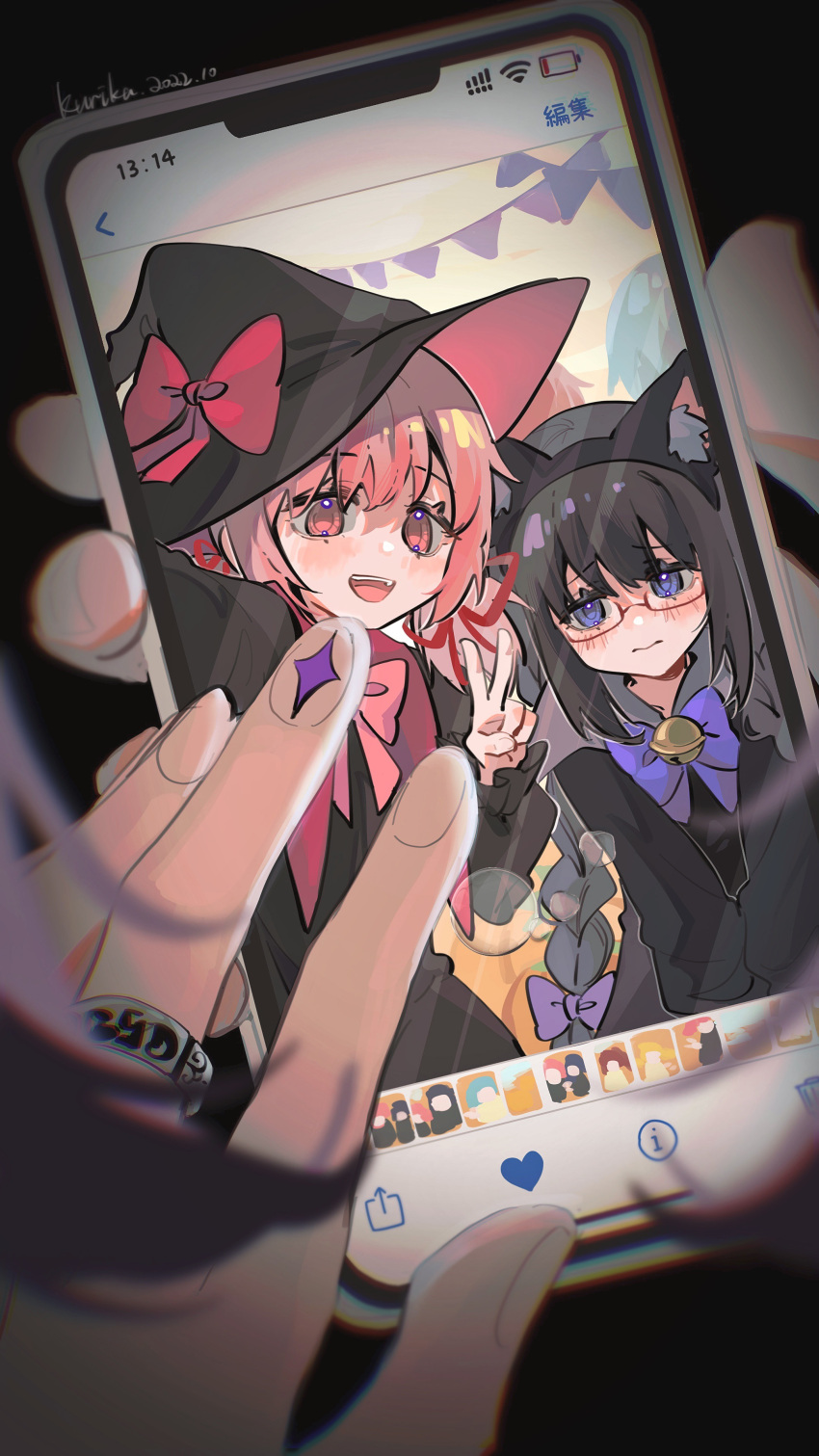 3girls, absurdres, akemi_homura, alternate_costume, animal_ears, artist_name, bangs, bell