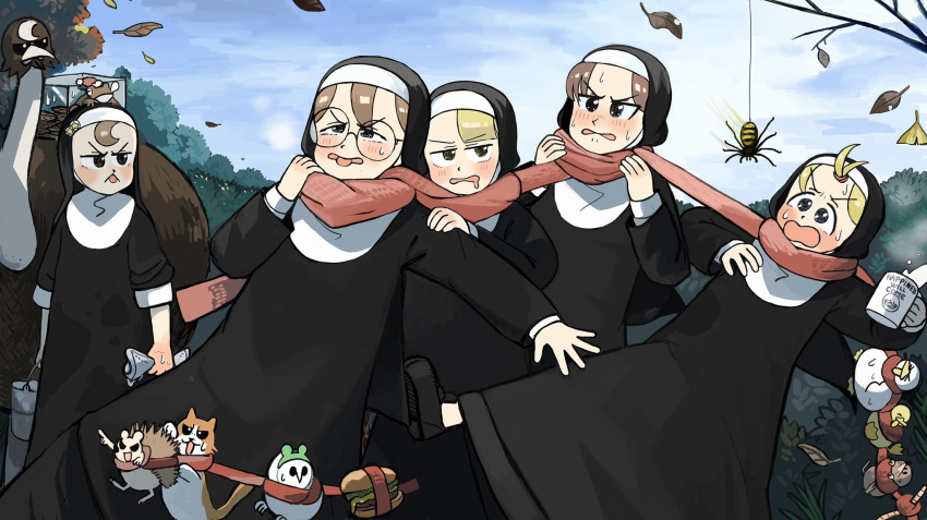 5girls, autumn, bird, blonde_hair, blue_eyes, brown_eyes, brown_hair, bucket