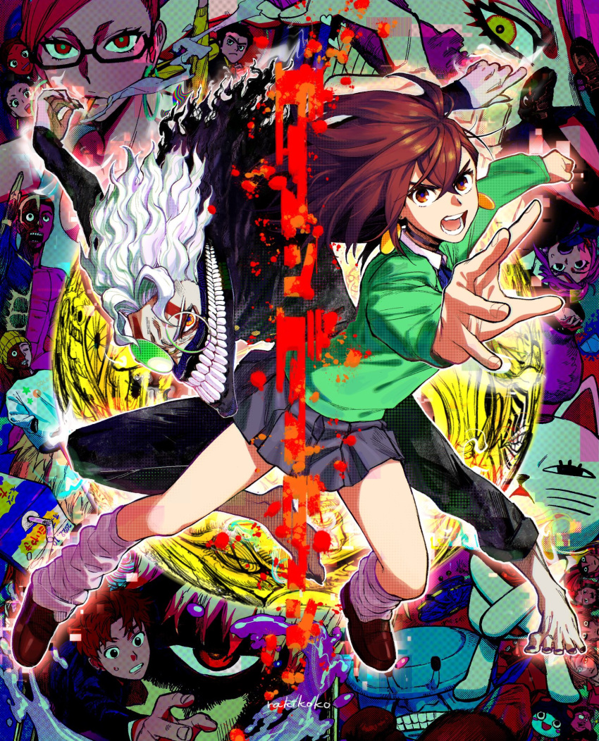 acrobatic_silky_(dandadan), aira_shiratori_(dandadan), armless, ayase_momo, barefoot, beanie, black_hair, black_jacket