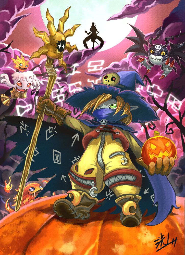 1boy, bangs, black_sclera, blonde_hair, blue_cape, bodysuit, brown_gloves, candmon, cape, clouds, colored_sclera, covered_mouth, digimoji, digimon, fire, food, full_moon, gloves, green_eyes, grin, hat, holding, holding_food, holding_pumpkin, holding_staff, holding_vegetable, kou_(xcws3487), long_hair, looking_at_viewer, looking_up, moon, noblepumpmon, open_mouth, peti_meramon, picodevimon, pointy_ears, pumpkin, smile, staff, teeth, vegetable, wings, witch_hat, wizarmon