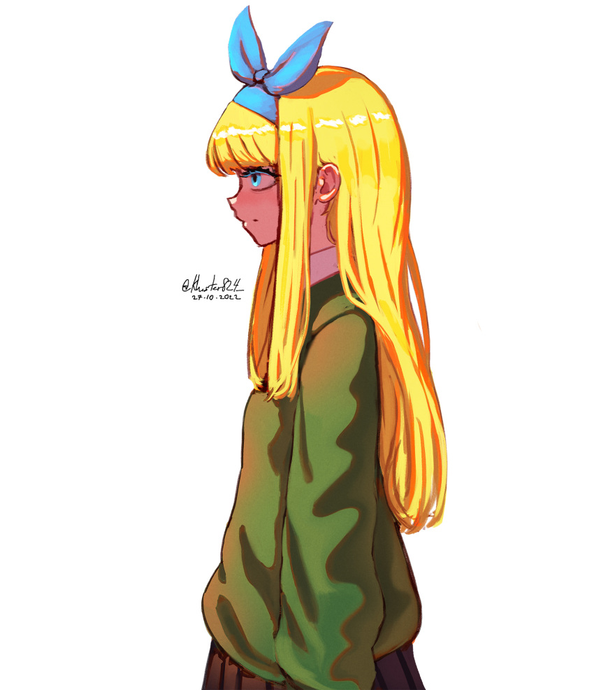 1girl, bangs, black_skirt, blonde_girl_(popopoka), blonde_hair, blue_hairband, borrowed_character, dated
