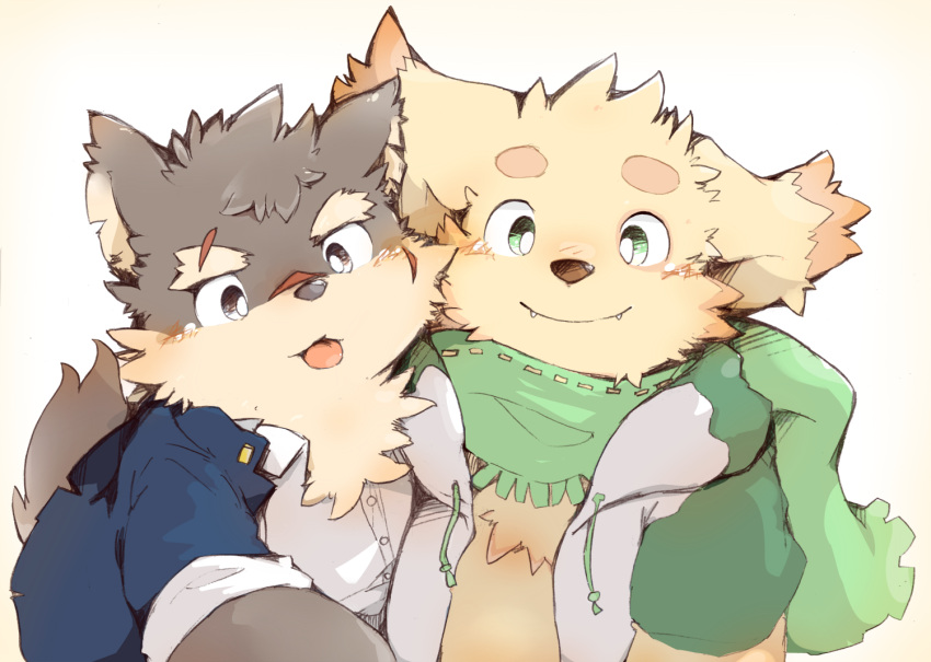 2boys, :p, animal_ears, animal_nose, blush, brown_eyes, brown_fur, chest_tuft