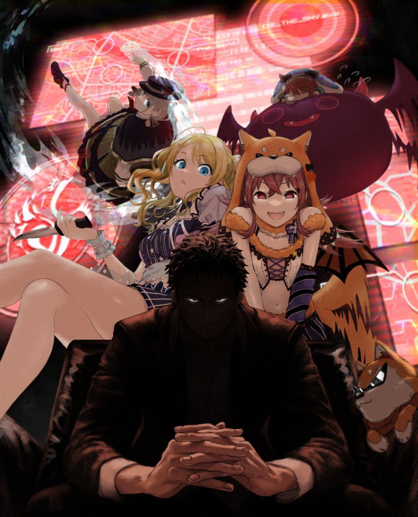 1boy, 4girls, ahoge, amai_tsutomu, animal_ears, animal_hood, arm_support, bandana, black_capelet, black_jacket, blonde_hair, blue_dress, blue_eyes, breasts, brown_dog, business_suit, capelet, chair, check_commentary, commentary_request, crop_top, crossed_legs, dark_background, debi_tarou, demon, demon_wings, detached_sleeves, dog, dog_ears, dog_hood, dog_tail, dress, evil_smile, eyelashes, fangs, flying, flying_sweatdrops, formal, frilled_skirt, frills, futon, ghost, green_skirt, grey_hair, hachimiya_meguru, hair_between_eyes, hair_ornament, hairclip, hat, highres, holding, holding_knife, hood, idolmaster, idolmaster_shiny_colors, interlocked_fingers, jacket, knife, komiya_kaho, large_breasts, legs, long_sleeves, looking_at_viewer, lying, mamemaru_(shiny_colors), midair, multiple_girls, navel, nose_bubble, osaki_tenka, puffy_short_sleeves, puffy_sleeves, purple_headwear, purple_shorts, purple_sleeves, red_bandana, redhead, screen, serizawa_asahi, shaded_face, shiba_inu, shirt, short_hair, short_sleeves, shorts, single_detached_sleeve, single_sleeve, sitting, skirt, sleeping, smile, srysry_p, stomach, suit, sunglasses, tail, tail_wagging, thigh-highs, thighs, twintails, v-shaped_eyebrows, wavy_hair, white_shirt, white_thighhighs, wings, wrist_cuffs