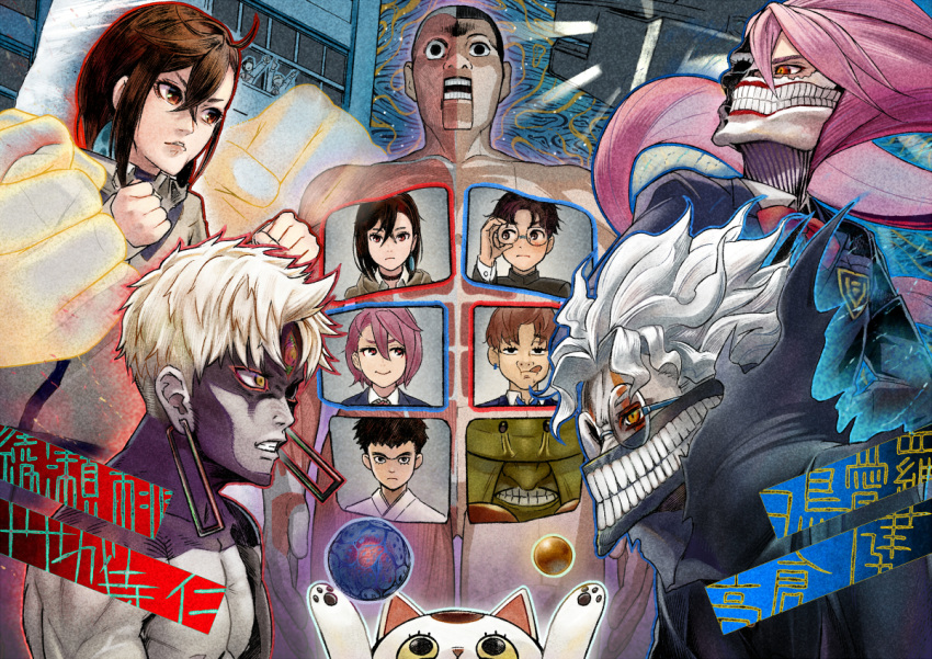 3girls, 5boys, acrobatic_silky_(dandadan), aira_shiratori_(dandadan), angry, ayase_momo, bangs, black_jacket