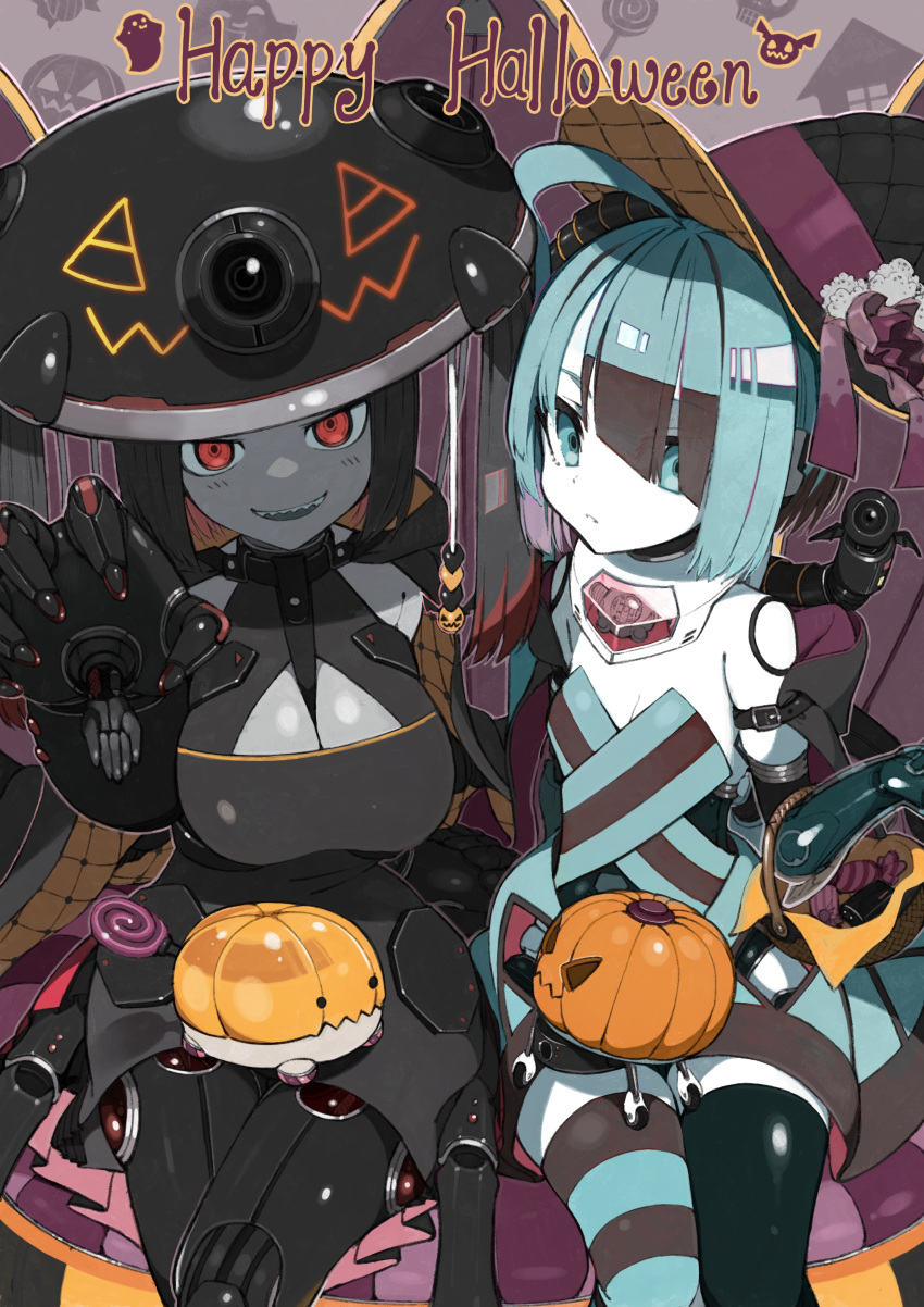 2girls, :d, absurdres, ahoge, android, asymmetrical_legwear, black_hair, blue_dress