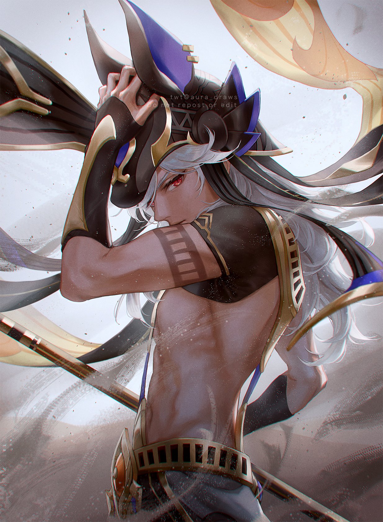 1boy, animal_ears, animal_hat, arabian_clothes, arm_up, artist_name, aura_draws, bangs