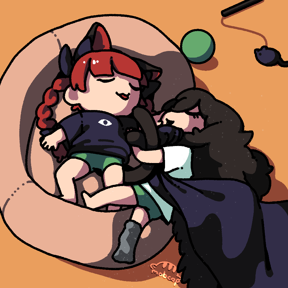 2girls, :3, animal_ears, ball, bow, braid, cat_ears, cat_teaser, closed_eyes, dress, extra_ears, green_dress, kaenbyou_rin, lying, mobcap, multiple_girls, multiple_tails, nekomata, on_back, orange_background, pet_bed, redhead, reiuji_utsuho, sleeping, tail, tail_hug, touhou, twin_braids, two_tails, yuri