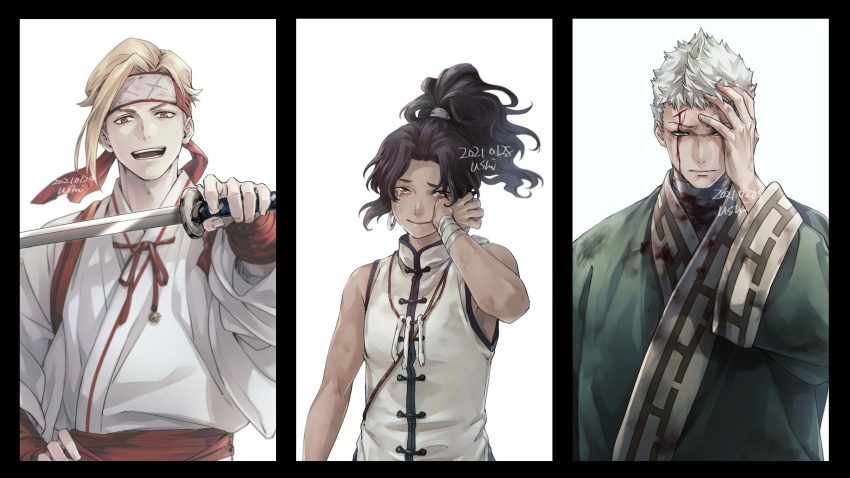 1girl, 2boys, bandages, black_border, black_hair, black_skin, blind, blonde_hair