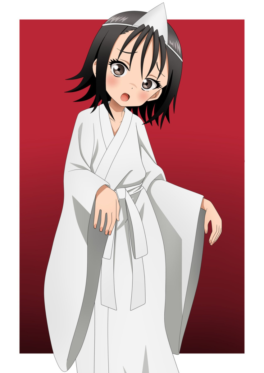 1girl, bangs, black_hair, blush, fingernails, ghost_costume, ghost_hat_ornament, halloween