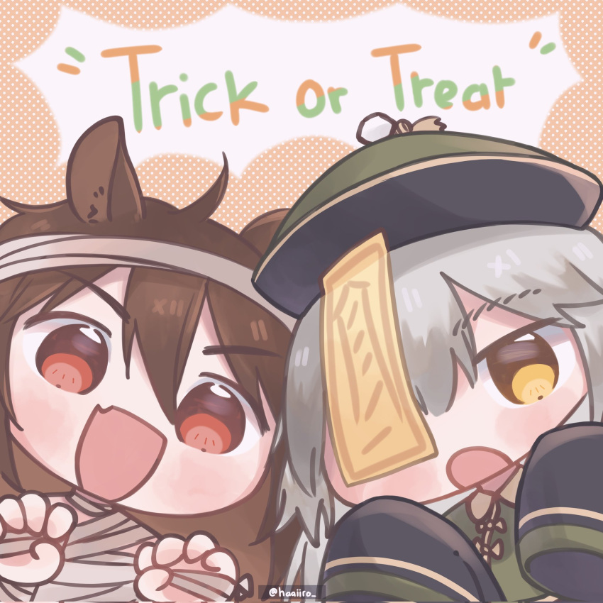2girls, :d, ahoge, animal_ears, arknights, brown_hair, claw_pose, commentary, english_commentary, english_text, fang, fartooth_(arknights), grey_hair, haaiiro, hat, highres, horse_ears, horse_girl, jiangshi_costume, long_hair, multiple_girls, mummy_costume, ofuda_on_head, one_eye_covered, open_mouth, portrait, qing_guanmao, red_eyes, skin_fang, sleeves_past_fingers, sleeves_past_wrists, smile, trick_or_treat, v-shaped_eyebrows, wild_mane_(arknights), yellow_eyes