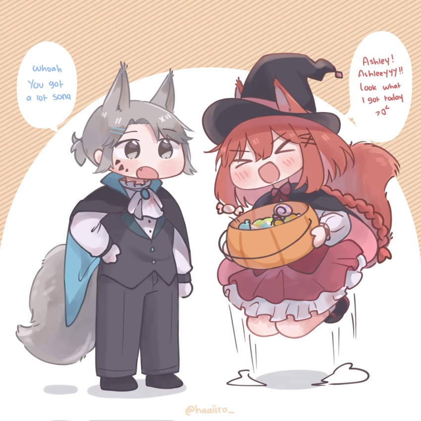>_<, 2girls, :d, animal_ears, arknights, ascot, ashlock_(arknights), black_cape