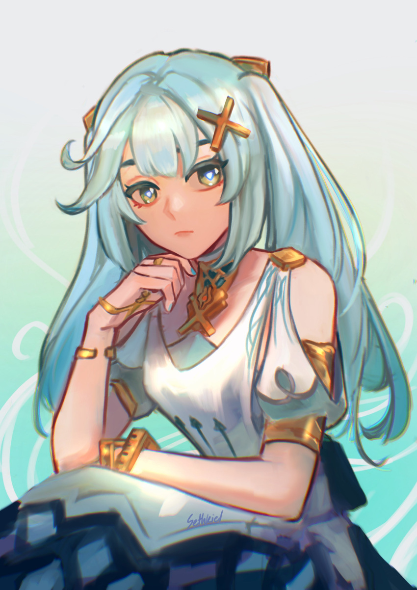 1girl, absurdres, aqua_hair, bangs, bare_shoulders, blunt_bangs, bracelet, breasts