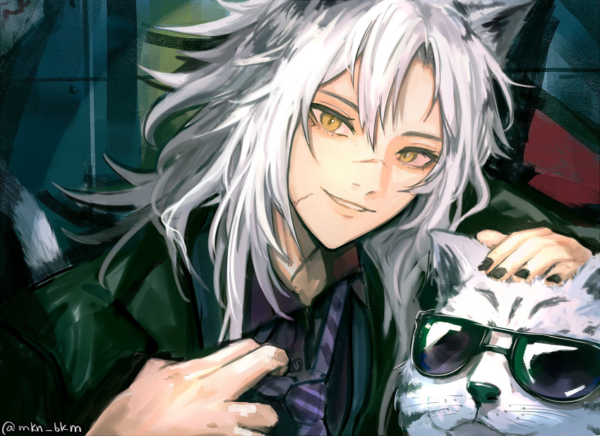 1girl, animal, animal_ears, arknights, bakmi_(mkn_bkm), black_jacket, hair_between_eyes, hand_up, highres, indra_(arknights), indra_(valiant_general)_(arknights), jacket, looking_at_viewer, official_alternate_costume, parted_lips, portrait, scar, scar_on_face, scar_on_nose, smile, solo, sunglasses, tail, tiger, tiger_ears, tiger_girl, tiger_tail, twitter_username, white_hair, yellow_eyes