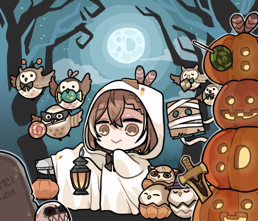 1girl, :>, :d, ahoge, animal_(nanashi_mumei), bandages, bangs, bare_tree