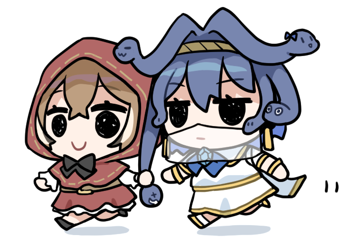2girls, bangs, belt, black_eyes, black_footwear, blue_hair, blue_ribbon, brooch