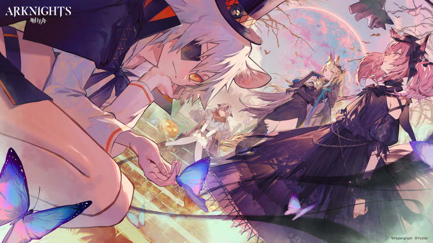 4girls, absurdres, animal_ears, arknights, bare_shoulders, bare_tree, black_cape, black_dress