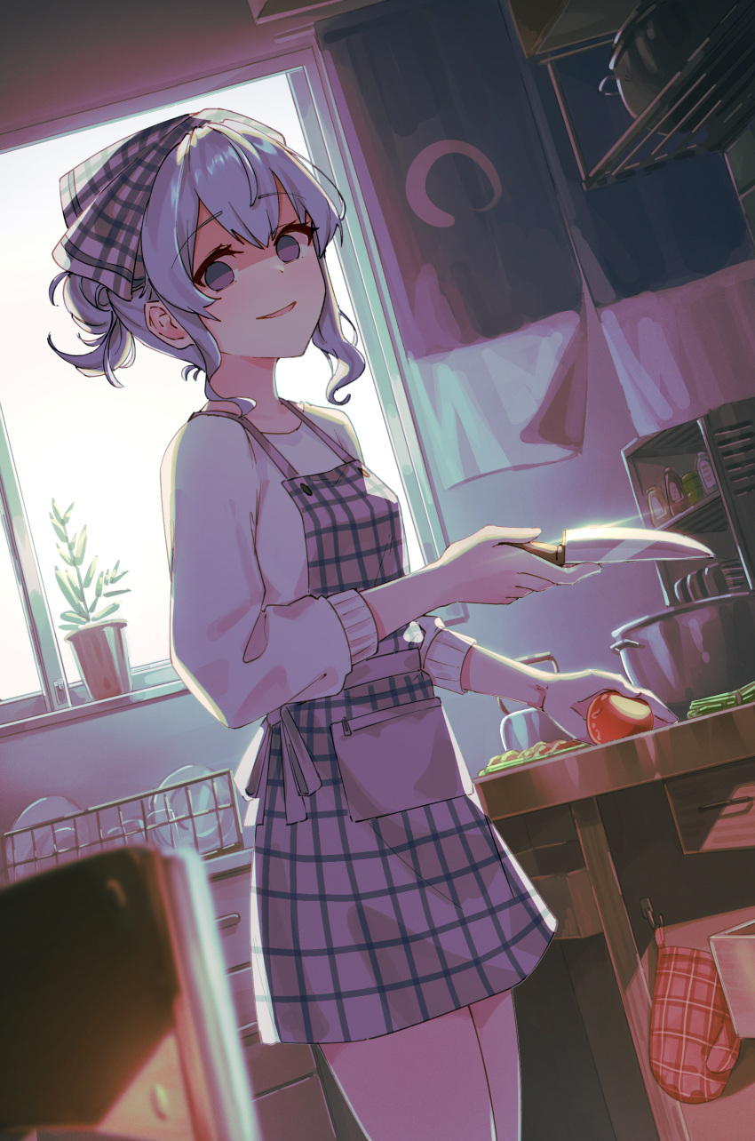 1girl, absurdres, alternate_costume, apron, blue_eyes, blue_hair, blurry, blurry_foreground