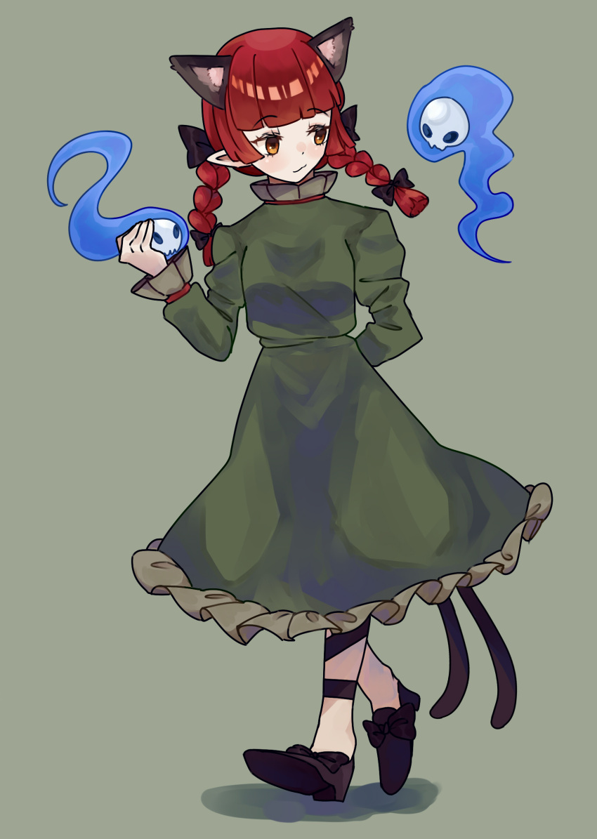 1girl, :3, absurdres, animal_ears, black_bow, black_footwear, bow, braid, cat_ears, dress, extra_ears, full_body, green_dress, grey_background, hair_bow, highres, hitodama, kaenbyou_rin, light_smile, long_sleeves, looking_to_the_side, nekomata, orange_eyes, redhead, shoes, simple_background, skull, solo, tamasamaa, touhou, twin_braids, walking