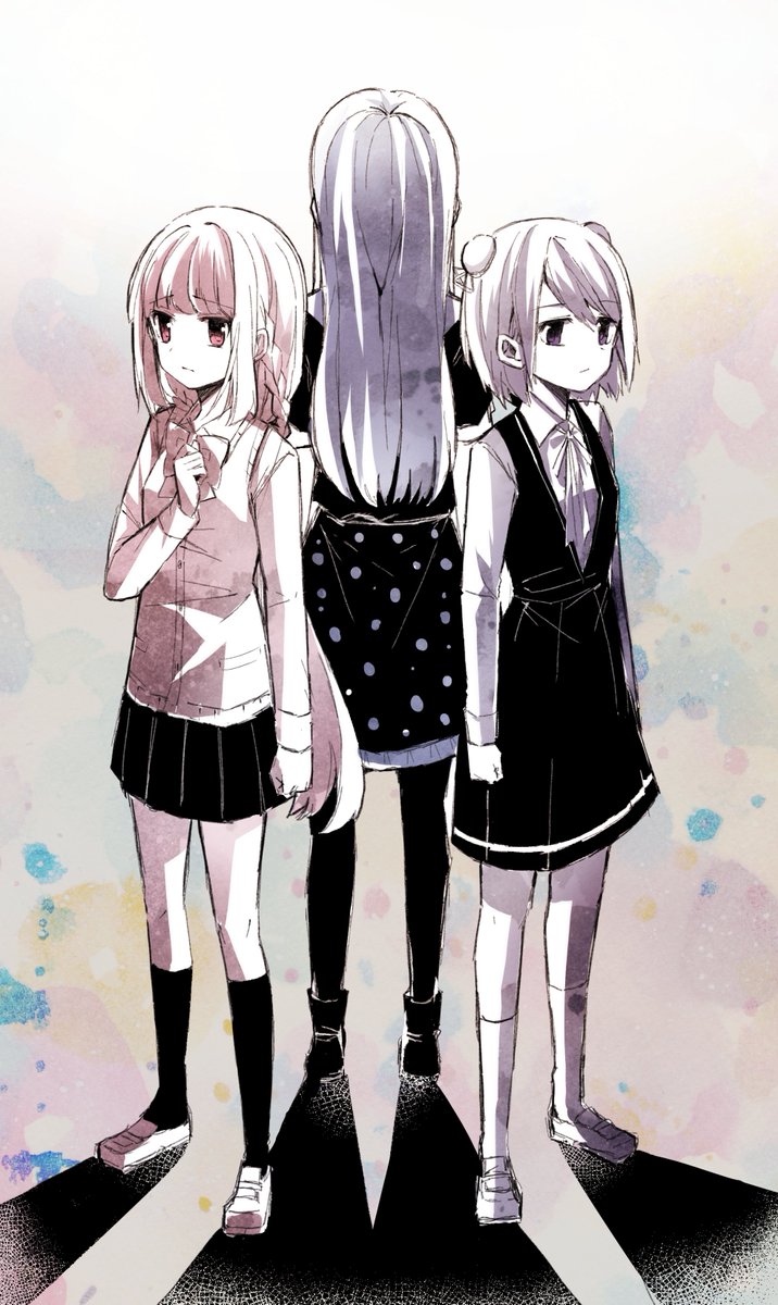 3girls, arm_at_side, arms_at_sides, bangs, blue_hair, blunt_bangs, boots, bow