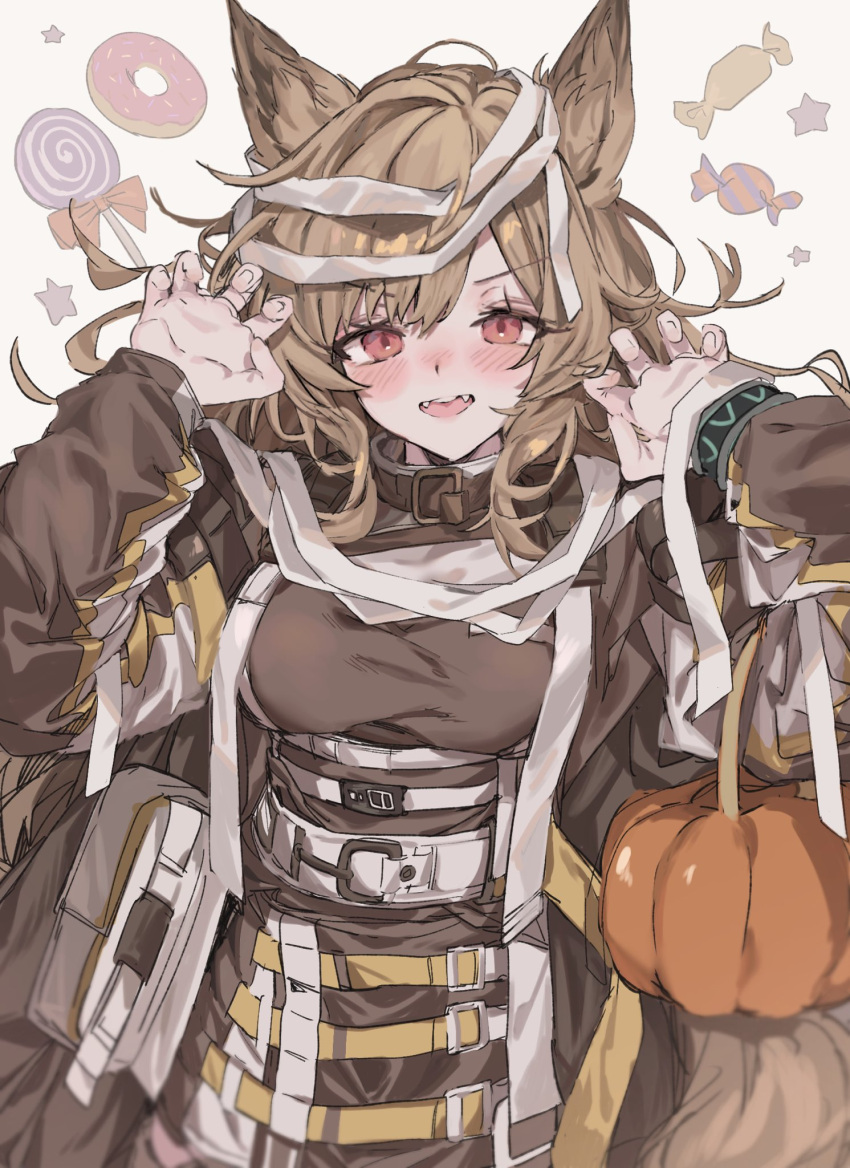 1girl, animal_ears, aogisa, arknights, bandages, bangs, blush, brown_hair