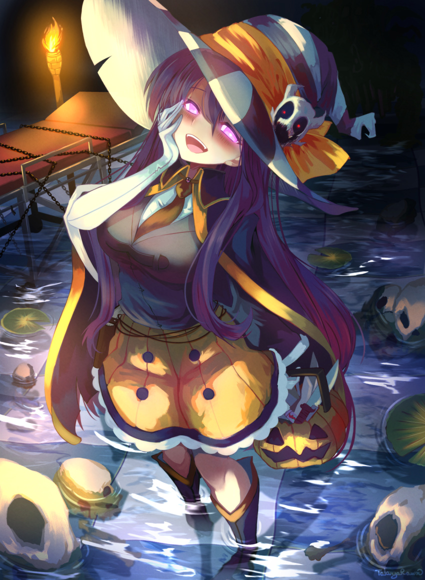 1girl, :d, bangs, black_cape, breasts, brown_necktie, cae, cape, chain, commentary, doki_doki_literature_club, elbow_gloves, english_commentary, gloves, glowing, glowing_eyes, grey_jacket, hair_between_eyes, halloween, halloween_bucket, hand_on_own_cheek, hand_on_own_face, hat, highres, jacket, knife, large_breasts, lily_pad, long_hair, looking_at_viewer, necktie, open_mouth, purple_hair, shirt, sidelocks, skirt, skull, smile, solo, takuyarawr, torch, very_long_hair, violet_eyes, wading, water, white_gloves, white_shirt, witch_hat, yellow_skirt, yuri_(doki_doki_literature_club)