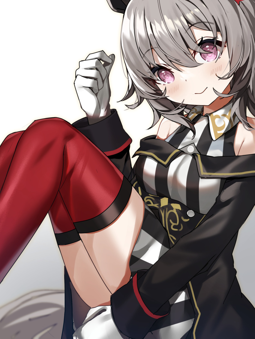 1girl, animal_ears, bangs, black_dress, closed_mouth, clothing_cutout, collared_dress, commentary