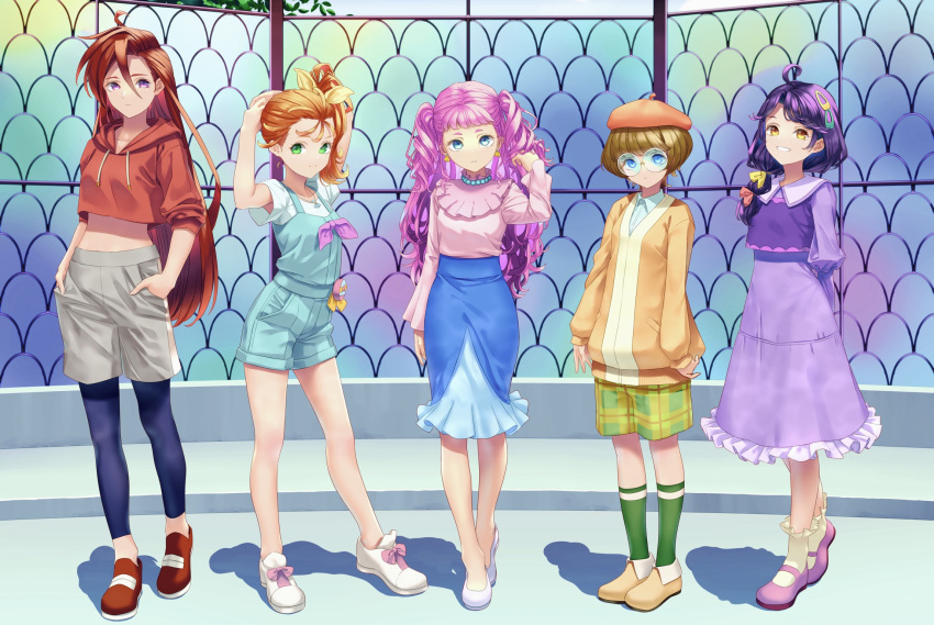 5girls, ahoge, arms_behind_back, arms_up, bangs, bare_legs, beret, blue_eyes