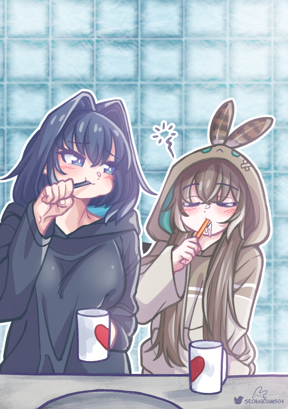 2girls, bird_hood, black_hair, black_hoodie, blush, brown_hair, brown_hoodie, brushing_teeth