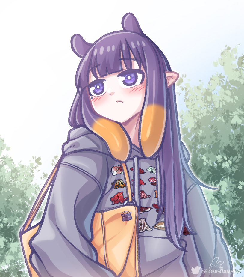 1girl, animal_ears, bangs, blue_eyes, blunt_bangs, blush, gradient_hair, grey_hoodie