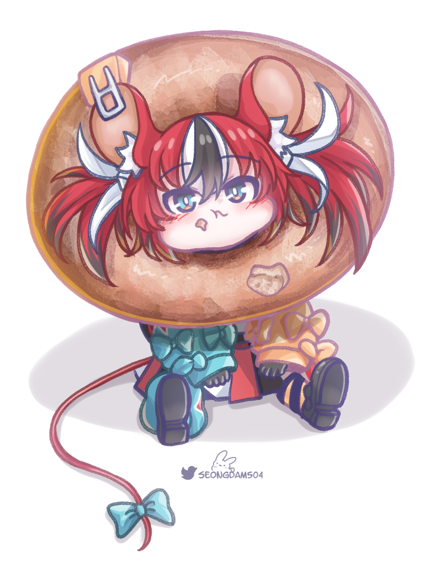 1girl, :t, animal_ears, bagel, black_collar, black_hair, blush_stickers, bow