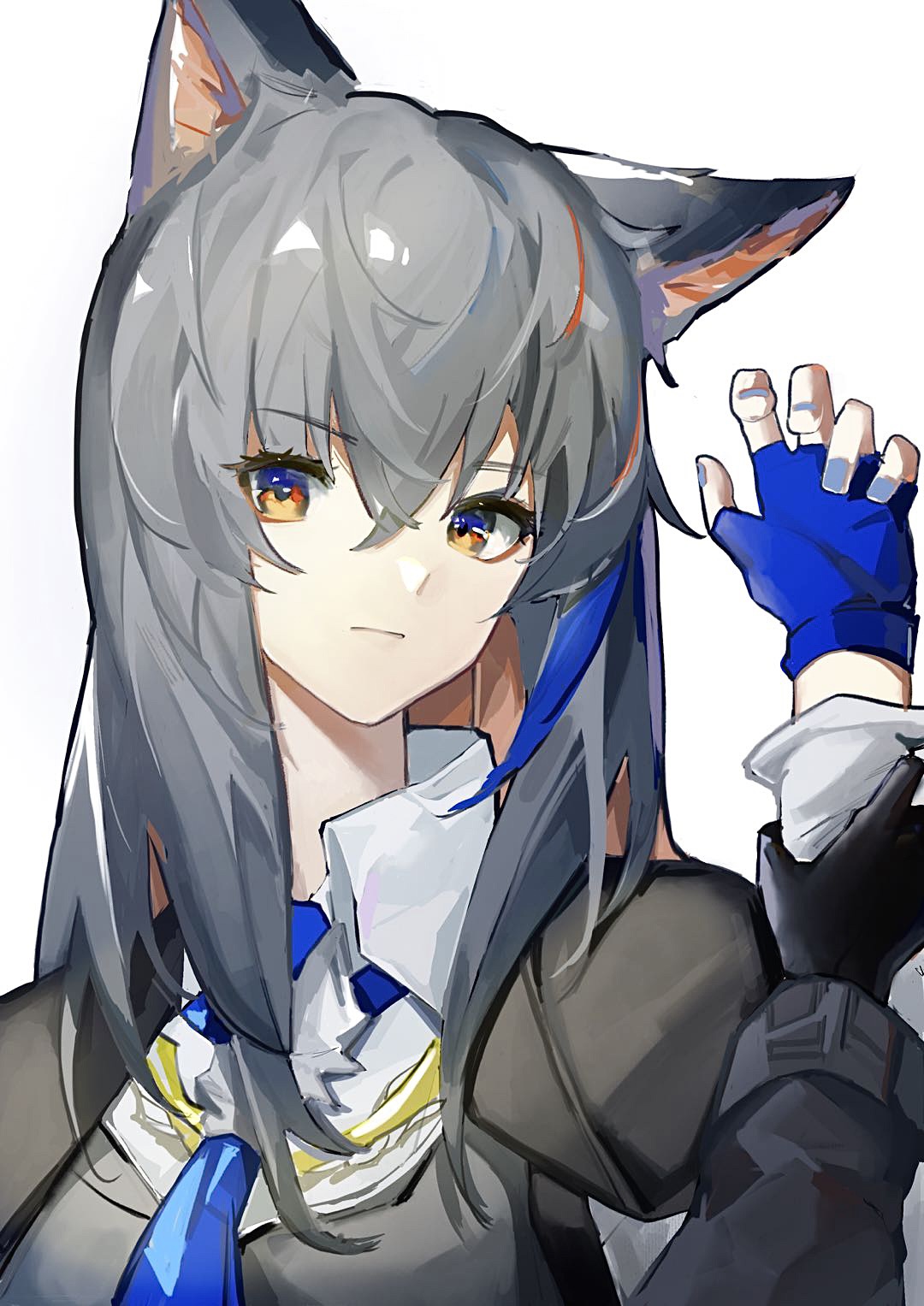 1girl, animal_ears, arknights, black_gloves, black_hair, black_vest, blue_gloves, blue_nails