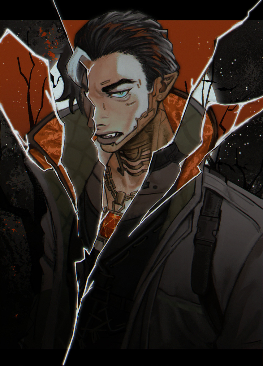 2boys, absurdres, apex_legends, bare_tree, bat_(animal), black_hair, black_shirt, black_vest