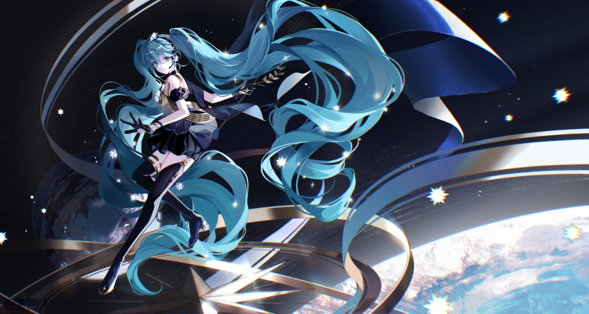 1girl, absurdly_long_hair, absurdres, aqua_eyes, aqua_hair, black_choker, black_footwear, black_gloves