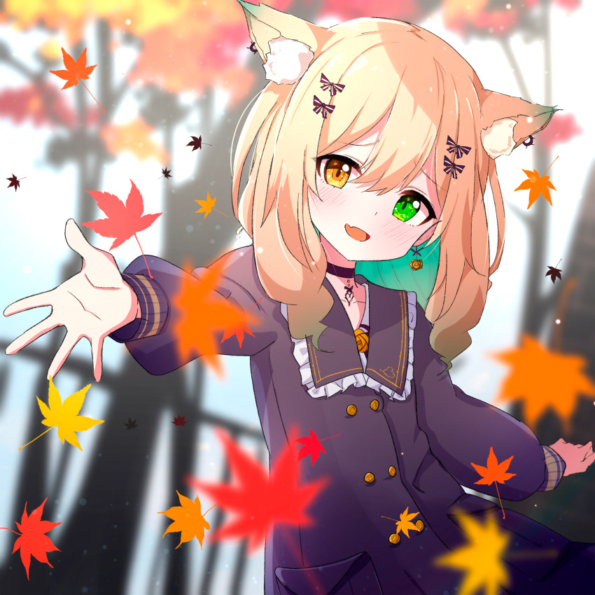 1girl, :d, ame., animal_ear_fluff, animal_ears, autumn_leaves, bangs, black_choker